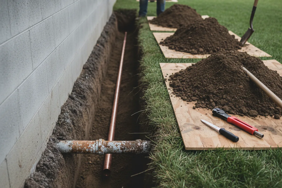Excavated water line trench during Sewer Line Repair in Champaign